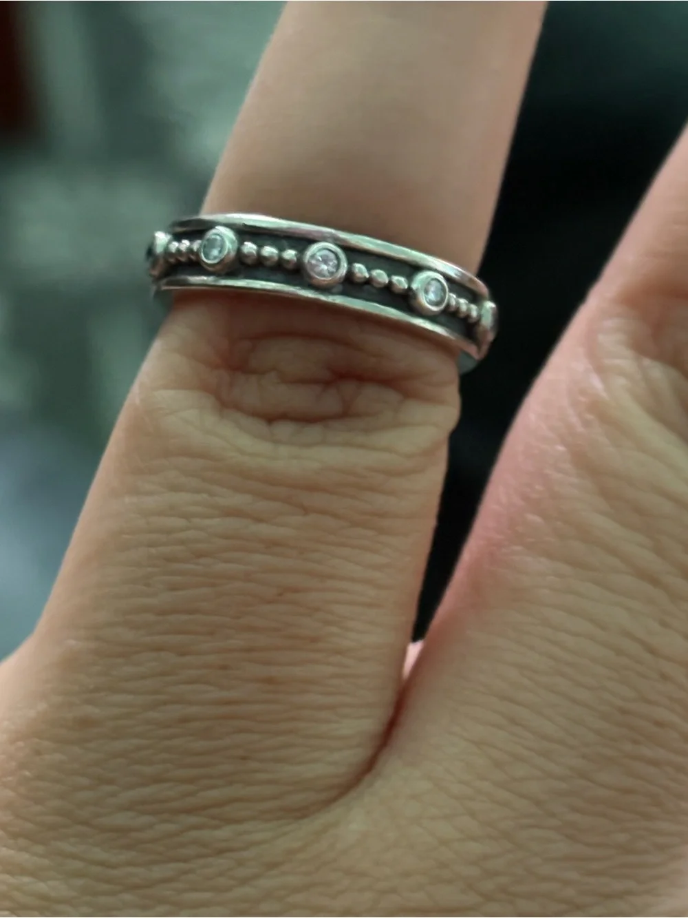 Pandora Silver Beaded Band Ring with Clear Stones